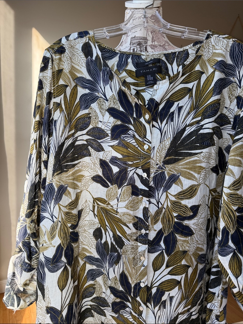 Tahari Navy Leaf-Print Button Front Tunic 100% Linen